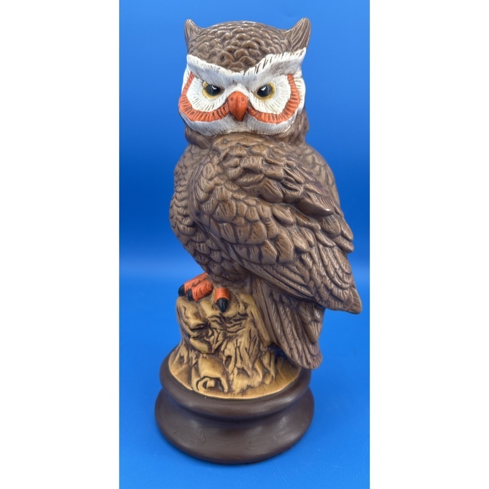 Vintage Large Ceramic Owl Figurine Tree Stump Base Hand Painted Woodland‎ Decor